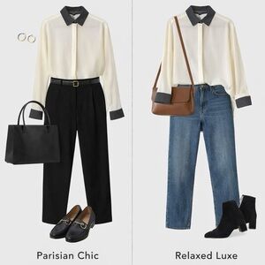 Axara Paris Semi-Sheer Ecru Blouse Charcoal Contrast Collar Cuffs French Chic 38